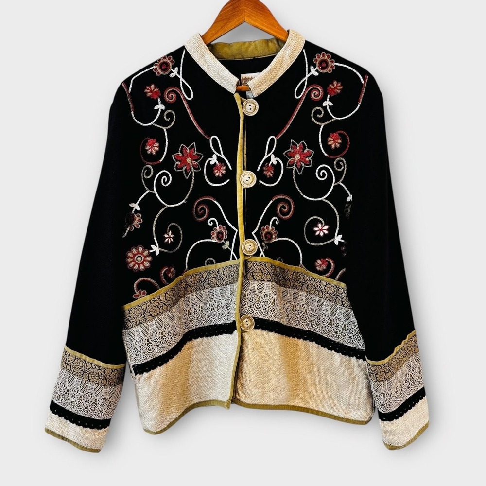 Coldwater Creek Womens Embroidered‎ Jacket Size L Floral Lace Linen Blend Boho